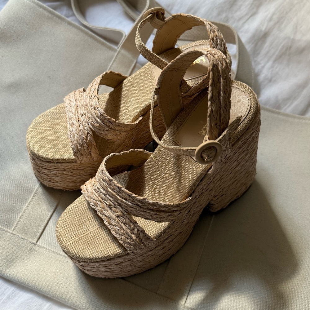 Larroude Carmen Raffia Chunky Wedge Platform Sandals
